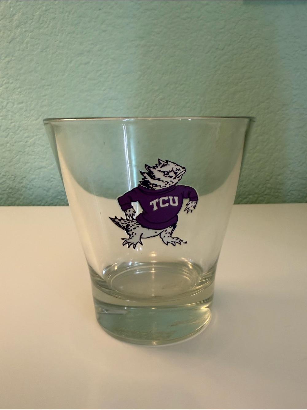 TCU Purple Mascot Clear Rocks Glass